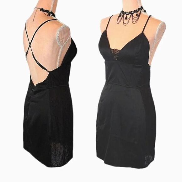Y2K Black Satin And Lace Strappy Tank Mini Slip Dress Large *fits like Small - Picture 13 of 16